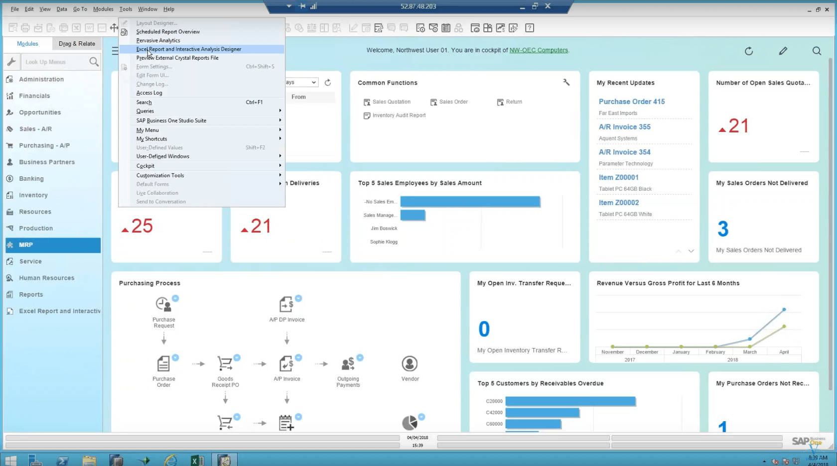 Tools menu Exce lReprot and INteractive Analytics Designer 2