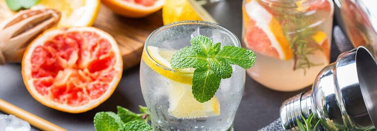 Alcoholic beverages with grapefruit, orange, lemon, mint leaves, and herbs in drinking glasses